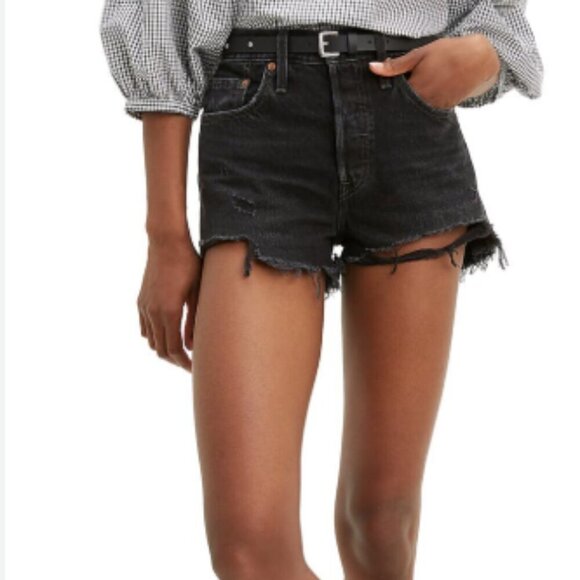 Levi’s 501 Premium Black Denim Shorts Size 30 Raw Hem Button Fly 100% Cotton EUC - Picture 1 of 12